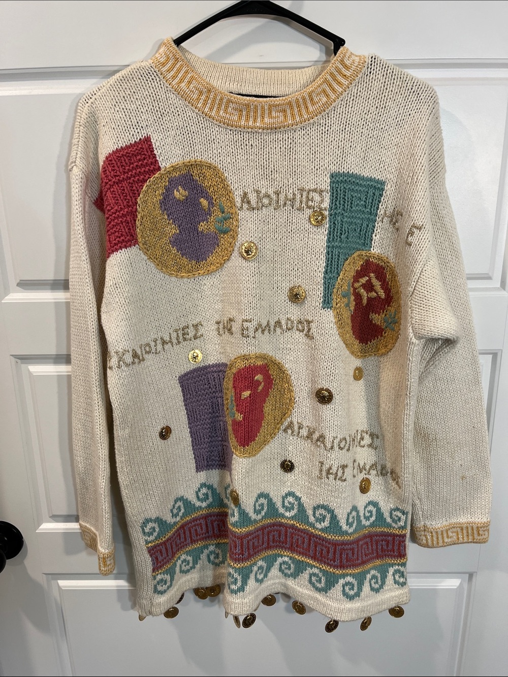 Vintage SK Wear Petite Medium Ivory Greek Greece Motif Patch Coin Tassel Sweater